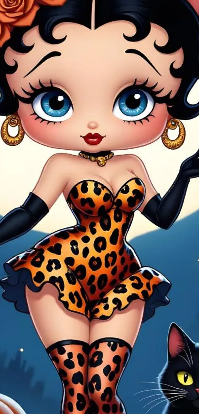 Glamorous cartoon character in leopard print with cat, Halloween theme.