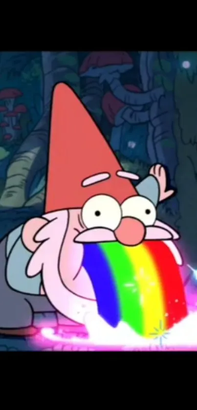 Cartoon gnome vomiting a rainbow in a forest.