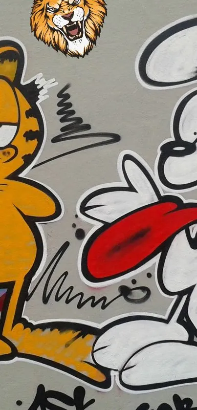 Playful cartoon graffiti on a gray background.