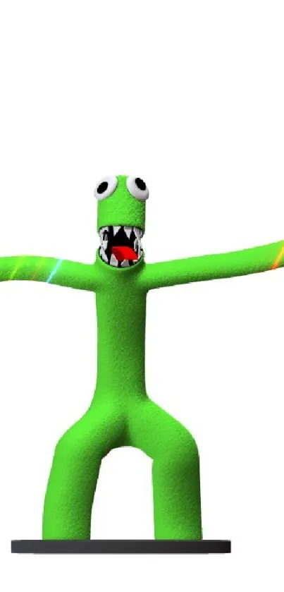 Green cartoon monster with wide smile and big eyes, raised arm on white background.