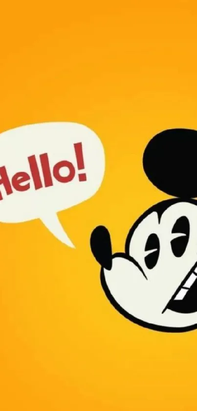 Cartoon character saying 'Hello!' in bright colors.