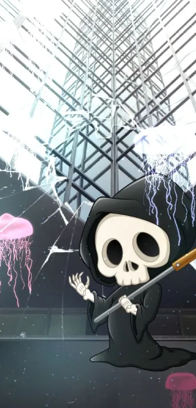 Cartoon grim reaper in skyscraper scene with jellyfish.