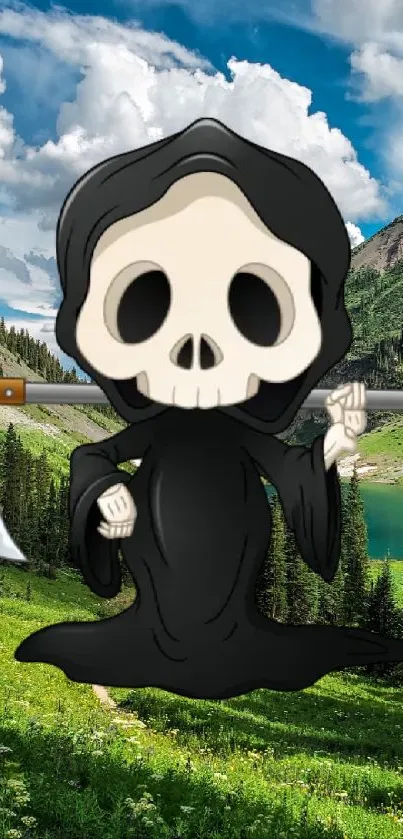 Cartoon Grim Reaper in a mountain setting wallpaper.