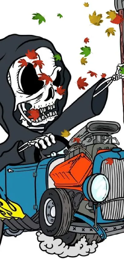 Grim Reaper driving a hot rod in cartoon style.