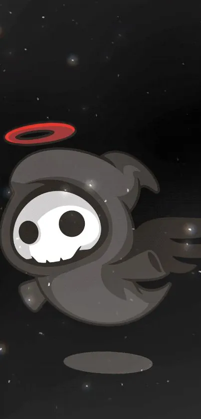 Cartoon Grim Reaper with red halo on dark starry background.