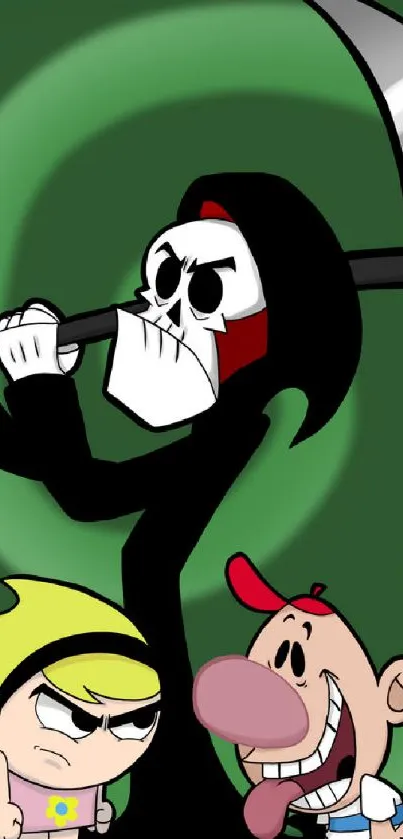 Cartoon Grim Reaper with playful kids on green background.