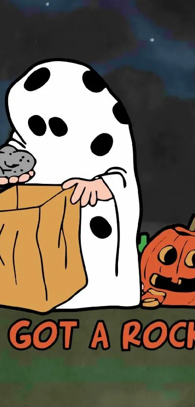 Cartoon ghost with pumpkin, holding rock on Halloween.