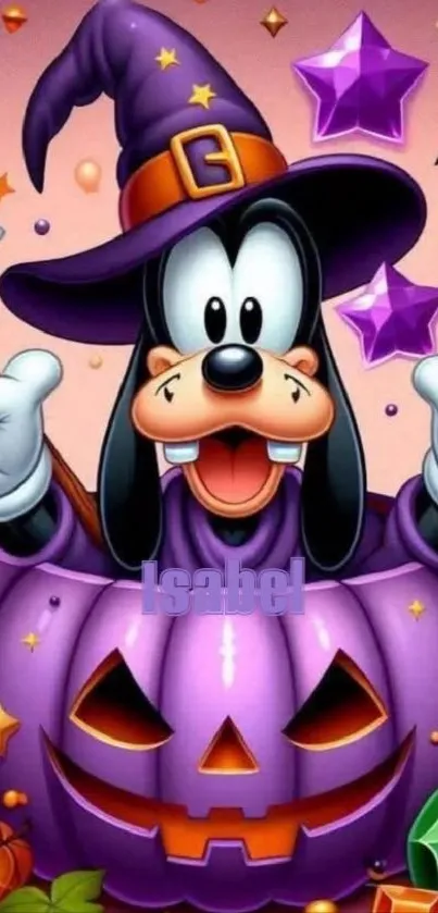 Fun cartoon character in Halloween costume with pumpkin.