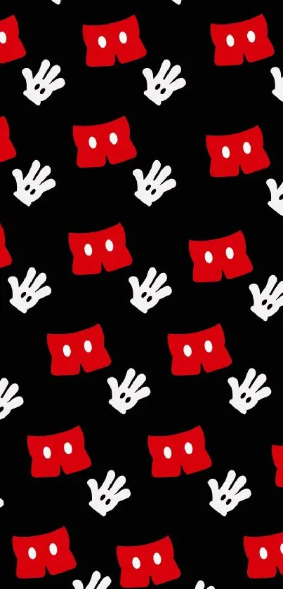 Cartoon themed wallpaper with red shorts and white gloves on black background.