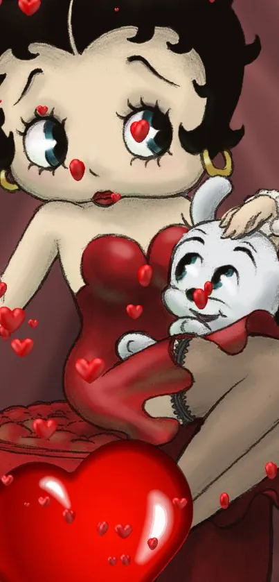 Cartoon character in red dress with hearts.