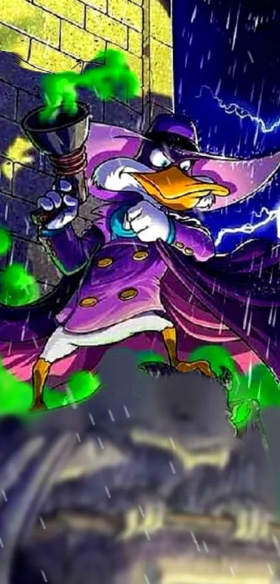 Cartoon hero in purple coat amidst rain and lightning.