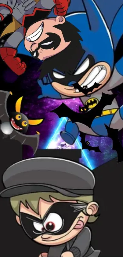 Cartoon hero and thief in a vibrant night scene.