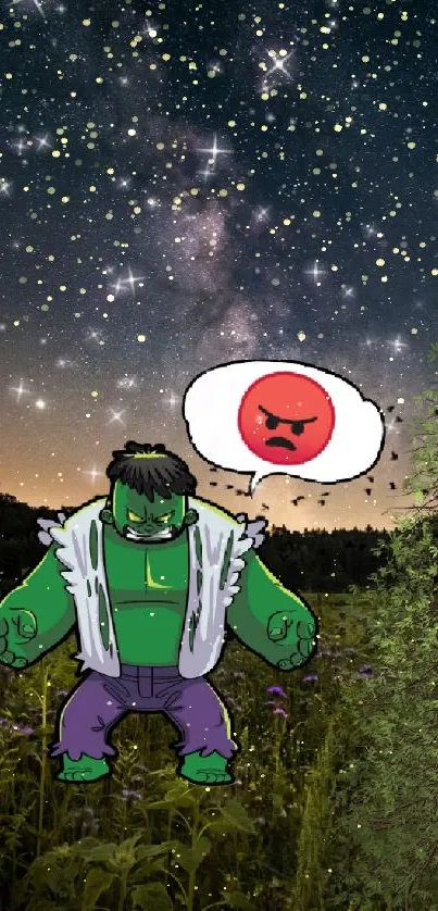 Cartoon green hero under starry night sky with a speech bubble.