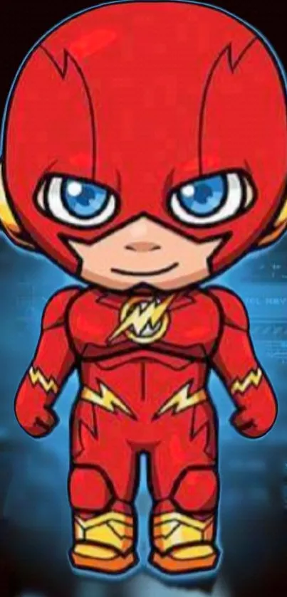 Chibi hero in red costume on a vibrant background.