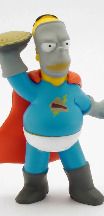 Animated hero figure with blue suit and orange cape, holding a pie.