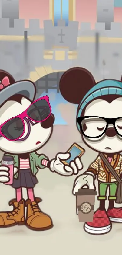 Cartoon hipster mice with coffee, phone, and shades in vibrant backdrop.