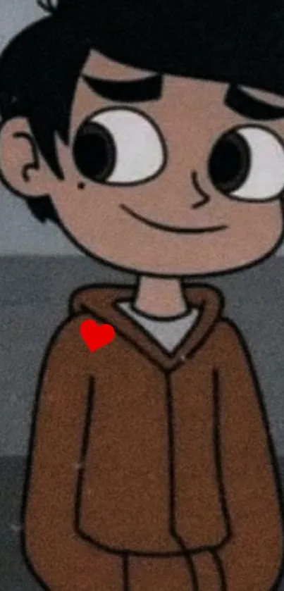 Cartoon boy in a brown hoodie with a red heart detail.