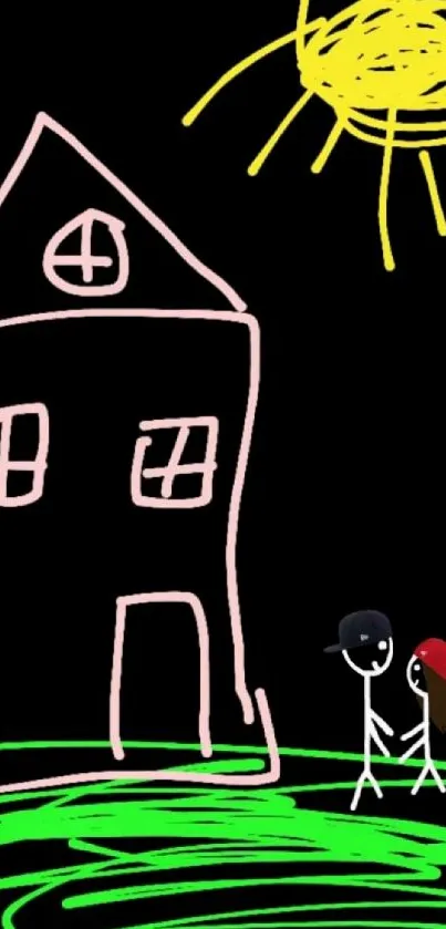 Cartoon house with sun and stick figures, vibrant colors.