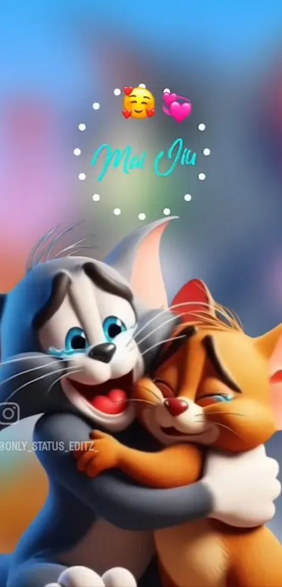 Cute cartoon characters hugging in a mobile wallpaper.