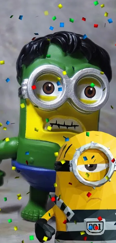 Hulk-inspired minion cartoon with confetti background.