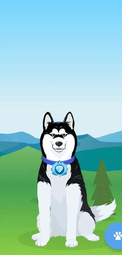 Cartoon husky in a green meadow with mountains.