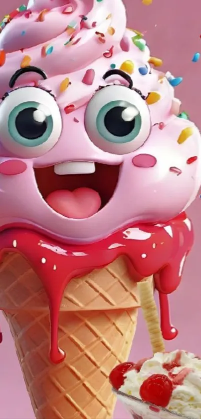 Smiling pink cartoon ice cream cone with sprinkles.