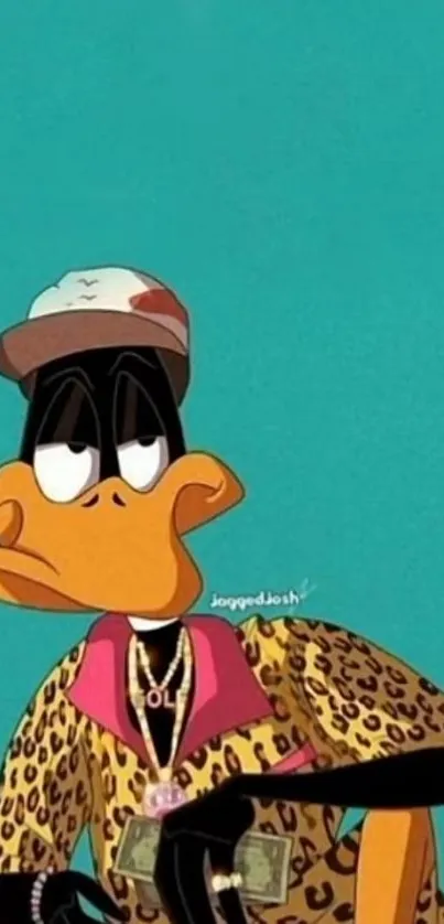 Cartoon duck in stylish attire with teal background.