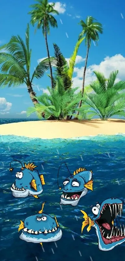 Cartoon island with palm trees and funny fish swimming below.