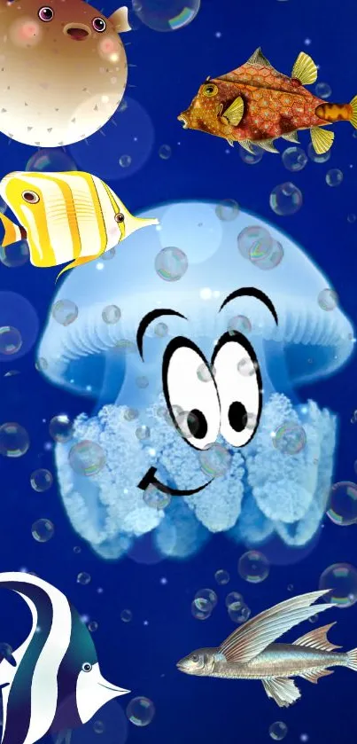 Cartoon jellyfish and fish on blue background wallpaper.