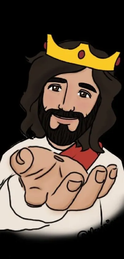 Cartoon Jesus with crown on black background, offering hand.