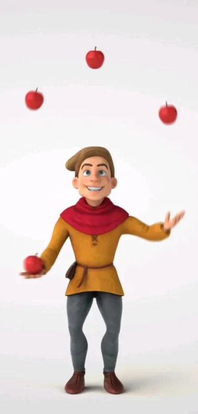 Cartoon character juggling red apples in a fun, colorful scene.