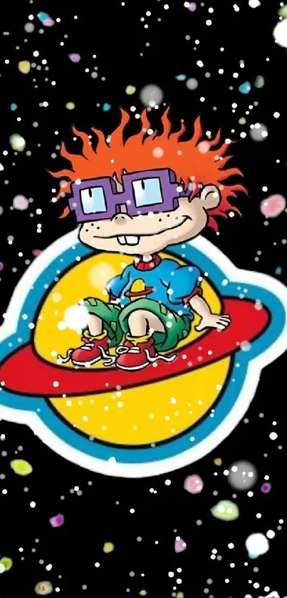 Cartoon child sitting on a colorful planet against a starry black background.