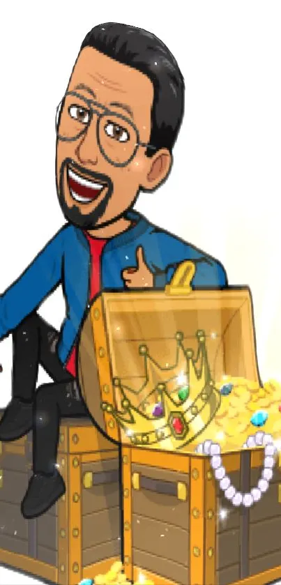 Cartoon king on a treasure chest with jewels and gold.