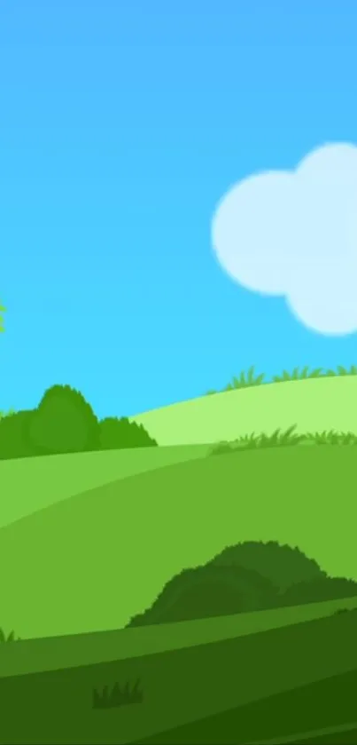 Cartoon landscape with green hills and blue sky.