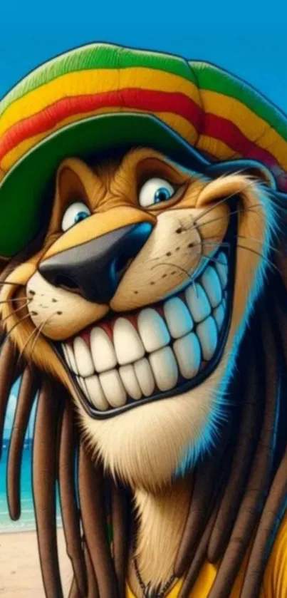 Smiling cartoon lion with reggae hat at the beach.