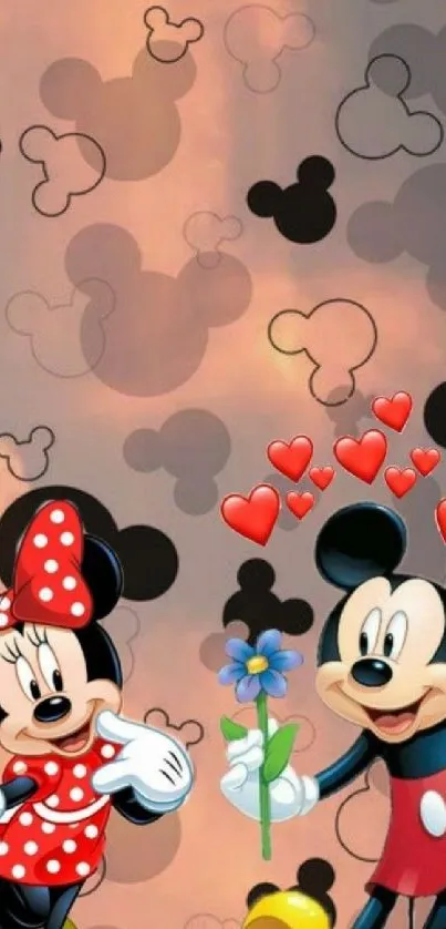 Cartoon love wallpaper with hearts and characters.