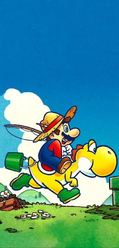 Colorful cartoon of Mario riding Yoshi in a bright landscape.