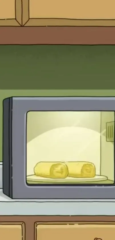 Cartoon kitchen wallpaper with a microwave.
