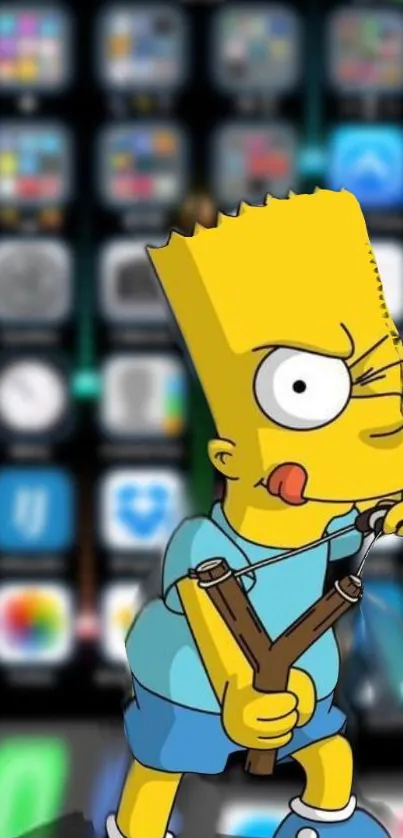 Cartoon character with slingshot on phone wallpaper.