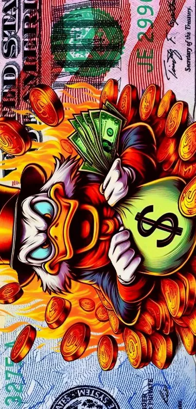 Cartoon duck with money on vibrant background.