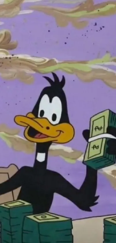 Cartoon duck holding money on purple background.