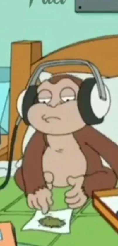 Cartoon monkey with headphones in a relaxed setting.