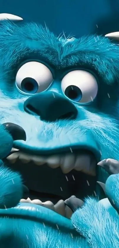 Blue cartoon monster with expressive eyes in mobile wallpaper.