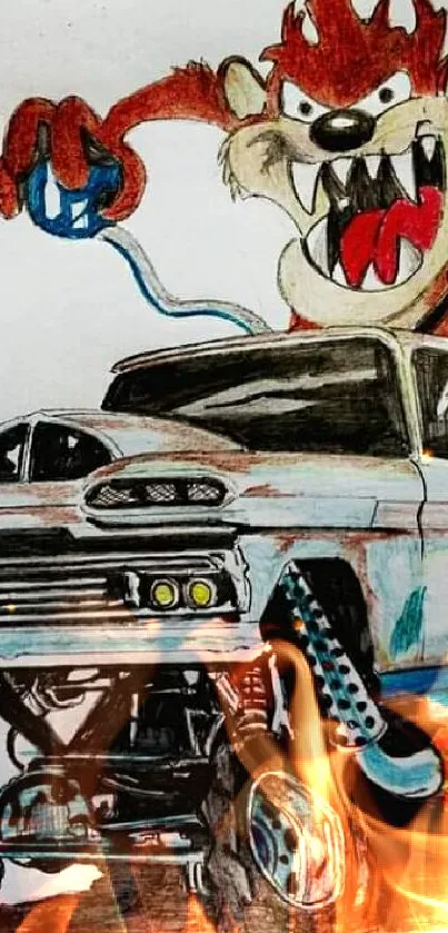 Cartoon character driving a monster truck, bursting with fun and energy.