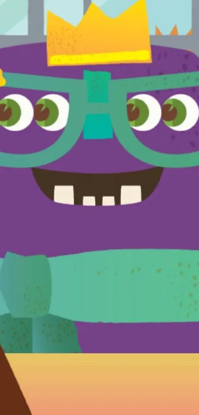 Cartoon monster with glasses and crown in vibrant colors.