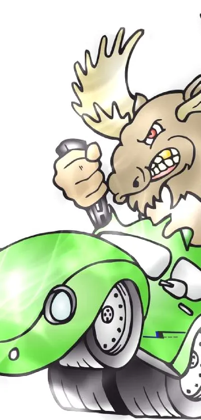 Cartoon moose driving a green racing car, bursting with energy and fun.