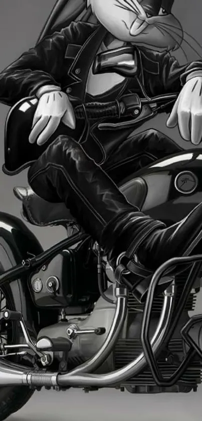 Cool cartoon character on motorcycle, monochrome art design for mobile wallpaper.