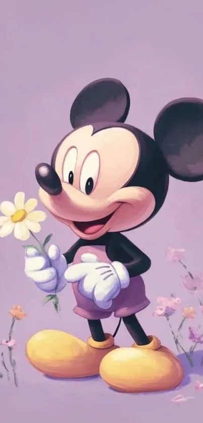 Cartoon mouse holding a daisy on a light purple background.