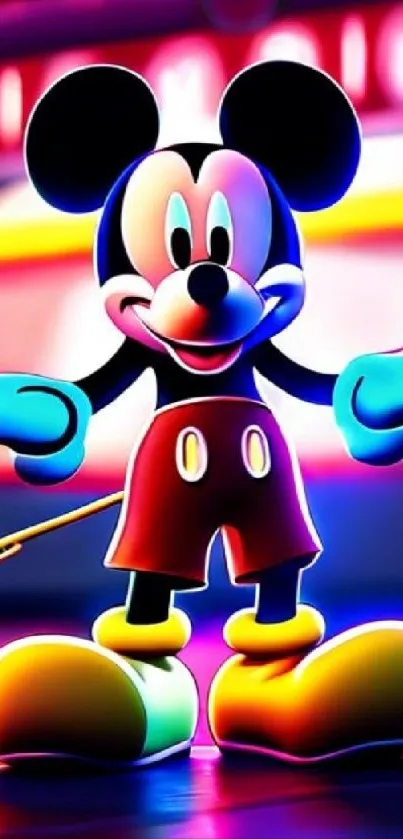 Vibrant cartoon mouse with neon glow effect in colorful design.