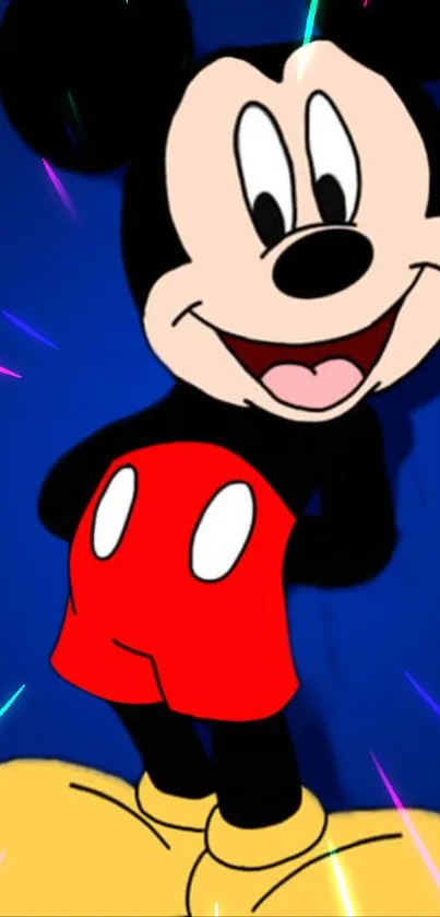 Vibrant cartoon mouse with glowing effects on blue background.